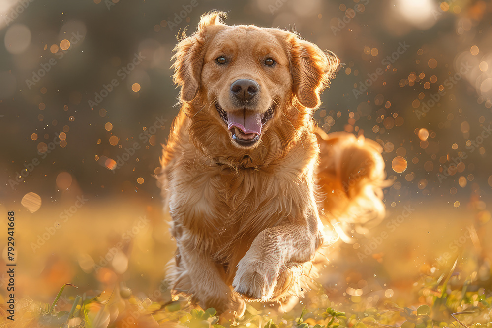 A happy golden retriever dog running and playing with an orange ball in the park. Created with Ai