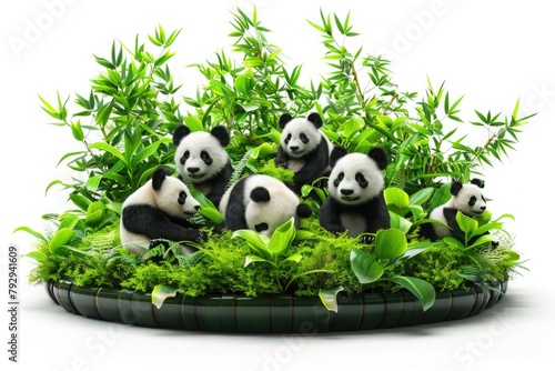 Whimsical charm of a family of pandas, rolling and tumbling in the lush greenery of their bamboo forest, isolated on pure white background. photo