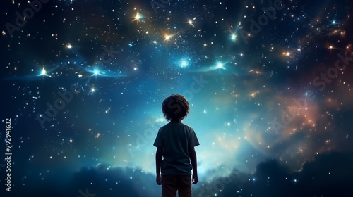 illustration of a boy looking at night starry sky with glitter glow galaxy flicker above, idea for prayer of hope, love, peace theme.