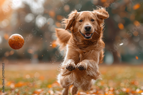 A happy golden retriever dog chasing an orange ball in the park, professional photography. Created with Ai