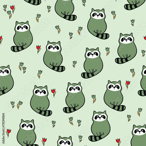 Vector seamless repeating childish pattern with cute raccoon in doodle style. Animals background for invitation, poster, card, flyer, textile, fabric