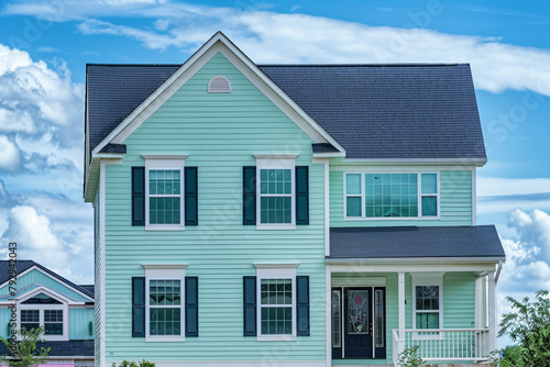 A picturesque seafoam green house set against the backdrop of the suburban neighborhood, its pale blue siding adding a pop of color to the tranquil scenery. 