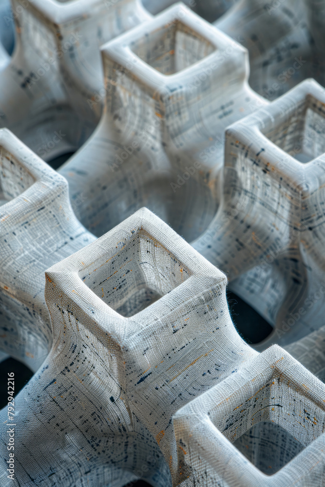 A photograph of a printed pillowcase with a cube pattern that seems to have actual cubical protrusio A photograph of a printed pillowcase with a cube pattern that seems to have actual cubical protrusio