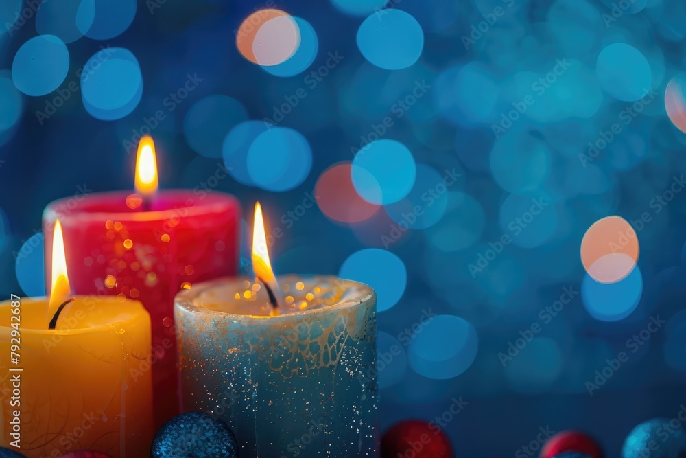 Vibrant candles against a deep blue backdrop, with bokeh orbs adding enchantment. Vibrant candles against a deep blue backdrop, with bokeh orbs adding enchantment.
