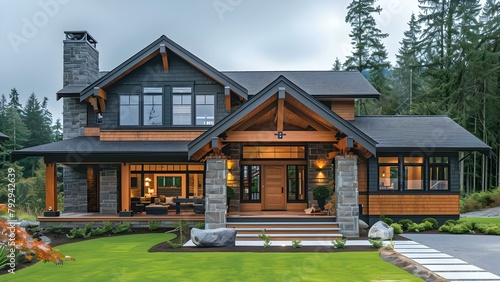 Craftsman style home radiates coziness with luxurious wood siding and welcoming porch. Concept Home decor, Craftsman style, Cozy interiors, Wood siding, Welcoming porch