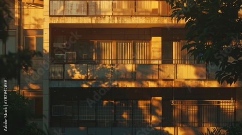 A highrise solarpunk apartment balcony, solar panels catching the late afternoon sun casting moody shadows,