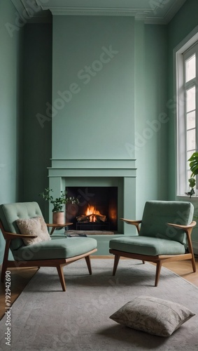 Minimalist lounge space with a modern fireplace, cozy armchair, and walls painted in a calming pastel green shade. © xKas