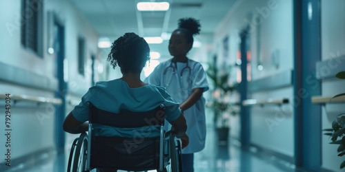 Nurse, older woman, wheelchair-bound, walks for rehabilitation, healthcare, and wellness. Caregiver, nursing home, and disabled, recovering, or benevolent retiree