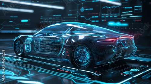 Designed with hologram car style in HUD user interface GUI. Hardware diagnostics of car condition, scanning. Cars infographic interface, analysis and diagnostics with futuristic style. © Zaleman