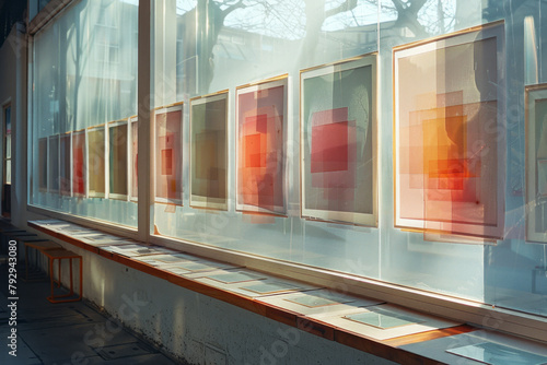 An image of a wall decorated with a sequence of framed prints, each featuring a different basic geom photo