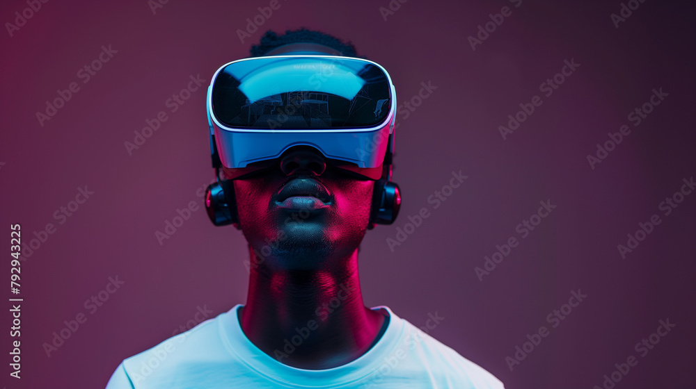 Portrait of man wearing a VR headset playing a video game. Studio background with vibrant lights. Future technology concept. Generative AI. Portrait of man wearing a VR headset playing a video game. Studio background with vibrant lights. Future technology concept. Generative AI.