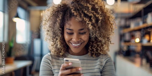 Business phone, office, and smiling black woman for networking, online negotiating, and sales feedback via email. Happy corporate worker using phone or smartphone app at work photo
