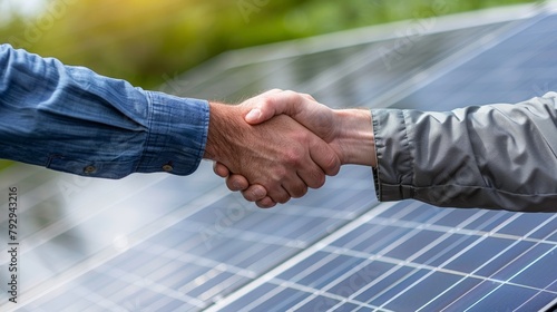 Handshake, engineering, and solar panel teamwork for cooperation, green energy, or bargain. Sustainable agreement, thank you, and engineer handshake for eco, b2b, or welcome