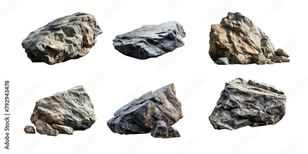 Realistic big rock stones collection isolated on transparent or white background. 3D rendering. landscape designs Realistic big rock stones collection isolated on transparent or white background. 3D rendering. landscape designs