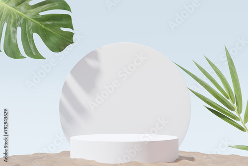 Product display podium with nature leaves on white background. 3D rendering © nawapon