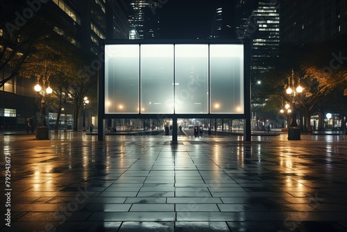 Blank white advertising billboard on a office building wall at night, mockup.