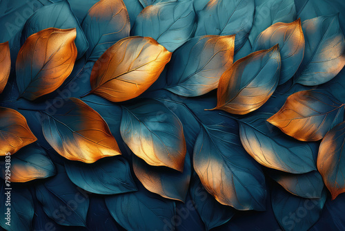 Closeup of multiple leaves, each with golden veins and glowing edges, floating in the air. Created with Ai photo