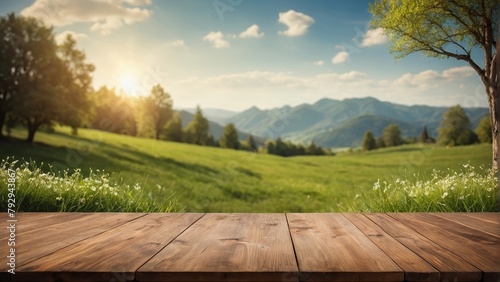 Empty wooden table top with beautiful spring green meadow background. for display or montage your products. digital ai