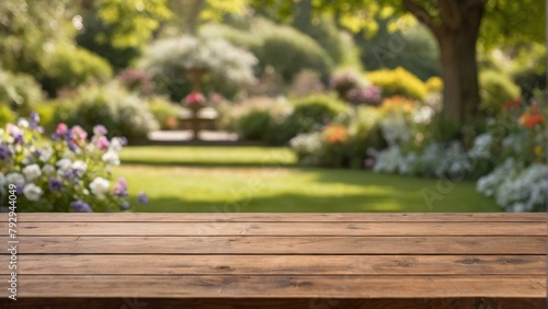 Empty wooden table top with blurred beautiful Garden in spring. for display or montage your products. digital ai