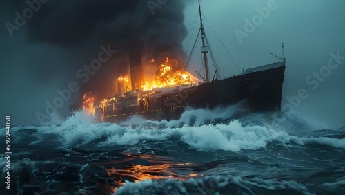 Ocean liner ship on fire at sea in turbulent waves tragic incident. Concept Maritime Safety, Emergency Response, Maritime Accidents, Crisis Management, Sea Rescue,