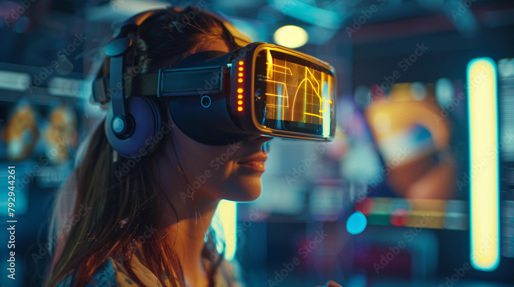 Young woman wearing VR headset playing a video game or watch movies at home, Futuristic lifestyle learning. Generative AI. Young woman wearing VR headset playing a video game or watch movies at home, Futuristic lifestyle learning. Generative AI.
