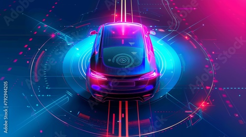 A smart car scans the road. A self-driving car on city roads with a graphic sensor system and radar signal. A futuristic top view with background. HUD. photo