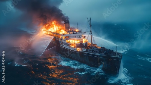 Ocean liner ship on fire in turbulent seas tragic maritime incident. Concept Tragic Incident, Ocean Liner Fire, Maritime Disaster, Turbulent Seas, Emergency Response