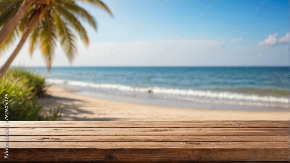 Empty wooden table top with sea beach with hot sand and sunny bokeh. for display or montage your products. digital ai