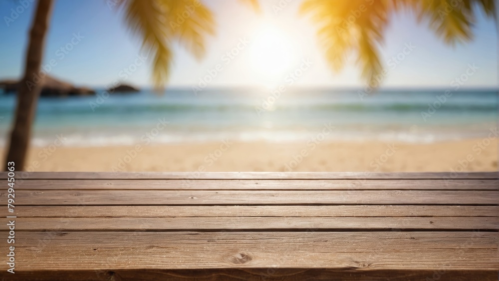 Empty wooden table top with sea beach with hot sand and sunny bokeh. for display or montage your products. digital ai
