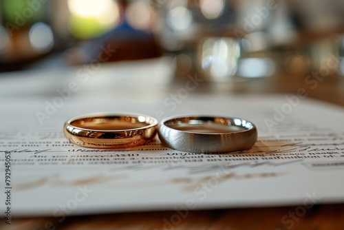 Two wedding rings are on top of a piece of paper