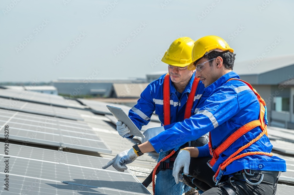 Two solar panel engineers wearing safety gear are inspecting a rooftop solar panel installation. Two solar panel engineers wearing safety gear are inspecting a rooftop solar panel installation.