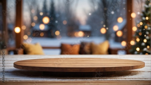Empty wooden table top with warm living room decor blur background with snow . for display or montage your products. digital ai