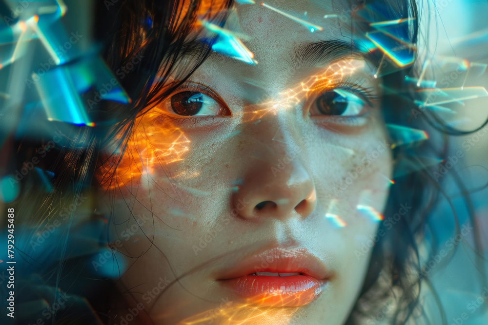 A portrait where the subject's features are composed of sharp triangles, reflecting the facets of th A portrait where the subject's features are composed of sharp triangles, reflecting the facets of th
