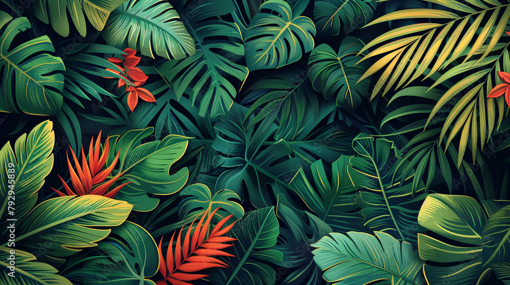 Green background with tropical plant leaves and texture. Natural Lush Foliages of Leaf Texture Backgrounds