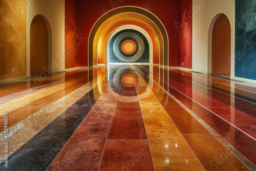 A photograph of a large-scale floor installation in a gallery, composed of various colored sands arr photo