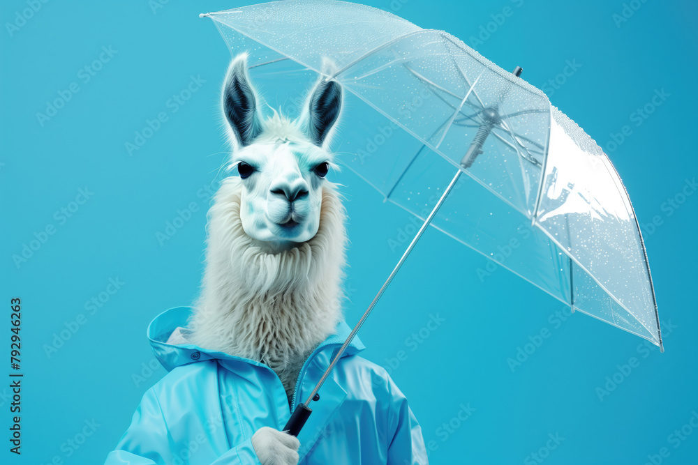 Fototapeta premium Fluffy llama with clear umbrella in light blue raincoat - rain weather preparedness.