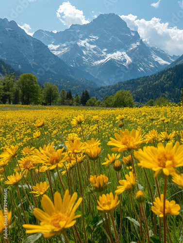 Alpenwiese. Berge im Hintergrund. schneebedeckte Gipfel. Sommer. Sonne. schönes Wetter, Blumenwiese