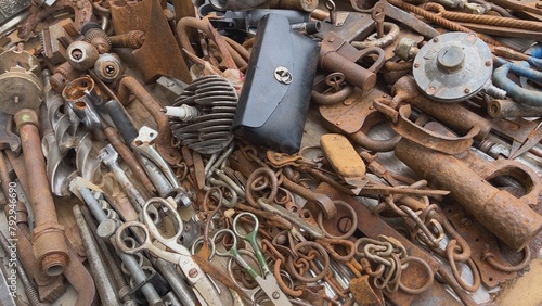 A flea market of old rusty things and tools.