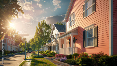 A sunny coral-colored house adorned with siding and shutters casts a warm glow in the suburban neighborhood, welcoming residents and visitors alike on a bright sunny day. photo