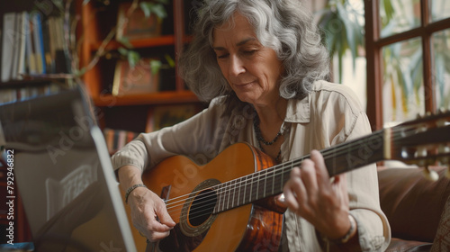 An elderly woman takes an online lesson to play the guitar.