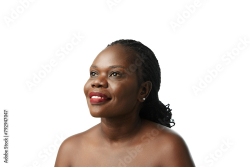 Elegance of African woman with well-kept, healthy skin radiating glow isolated on white studio background. Skin care treatment. Concept of natural beauty, skin and body care, cosmetology, cosmetics