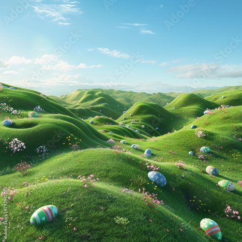 KS 3d rendering of grassy hills with easter eggs scattere photo