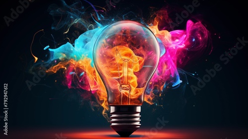 Lightbulb eureka moment with Impactful and inspiring artistic colourful explosion of paint energy. Generative AI, this image is not based on any original image, character or person.