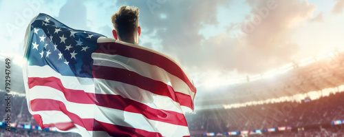 US American football soccer fans in a stadium supporting the national team, with flag, Soccer Boys 