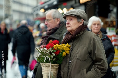 Elderly woman with a bouquet of flowers. © Inigo