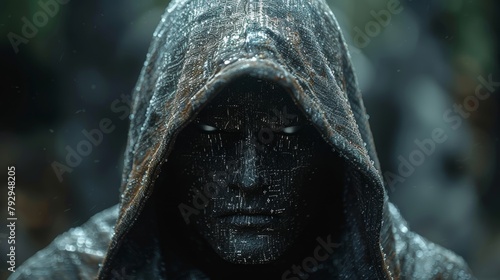 A concept of cyber crime or hacking, a man under a hooded shirt with a computer programming script. photo