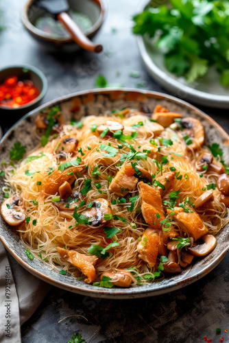 vermicelli with shrimp and mushrooms on a plate. selective focus.