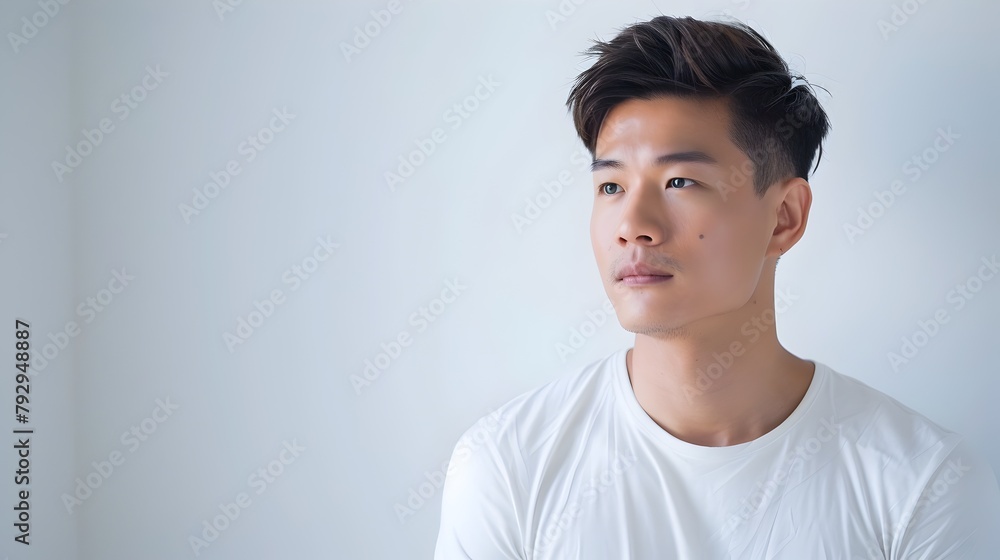 Thoughtful Asian Man in White T-Shirt, Engrossed in Introspection within a Minimalist Environment Thoughtful Asian Man in White T-Shirt, Engrossed in Introspection within a Minimalist Environment
