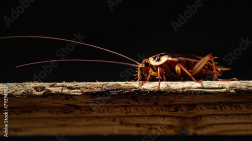 Cockroach on a wooden kitchen board with blurred background in high resolution and high quality. pests concept