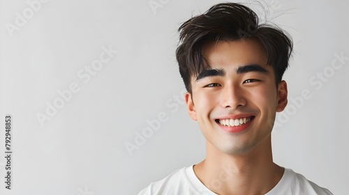 Twinkling Eyes and Mirth: A Close-up Portrait of a Happy Asian Man in a White T-shirt photo